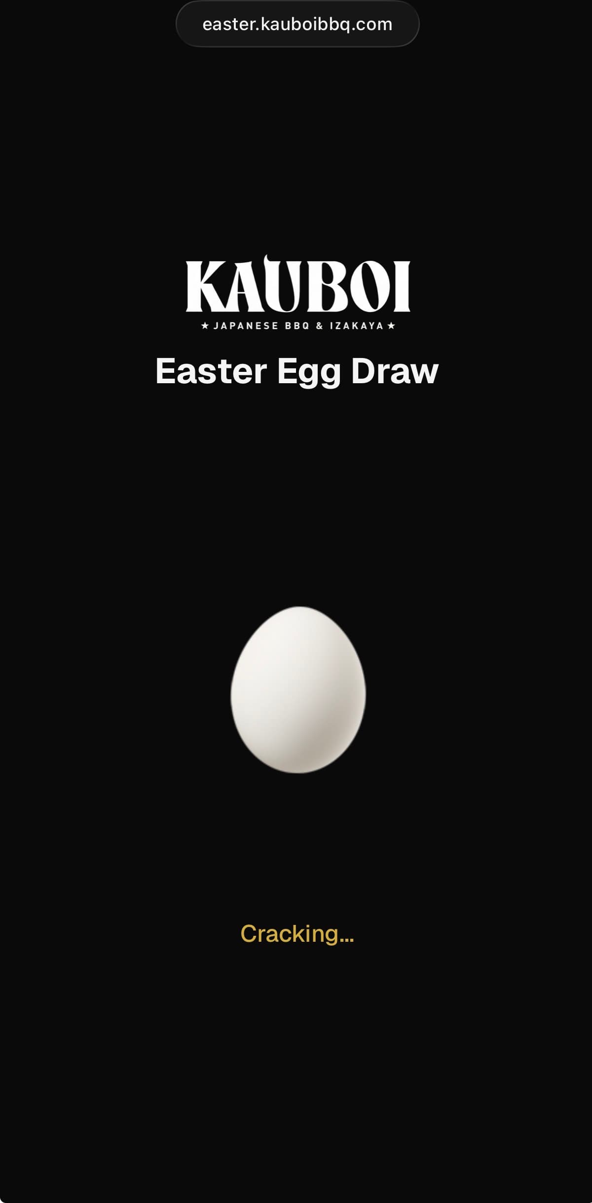 Kauboi Easter QR draw — egg cracking animation